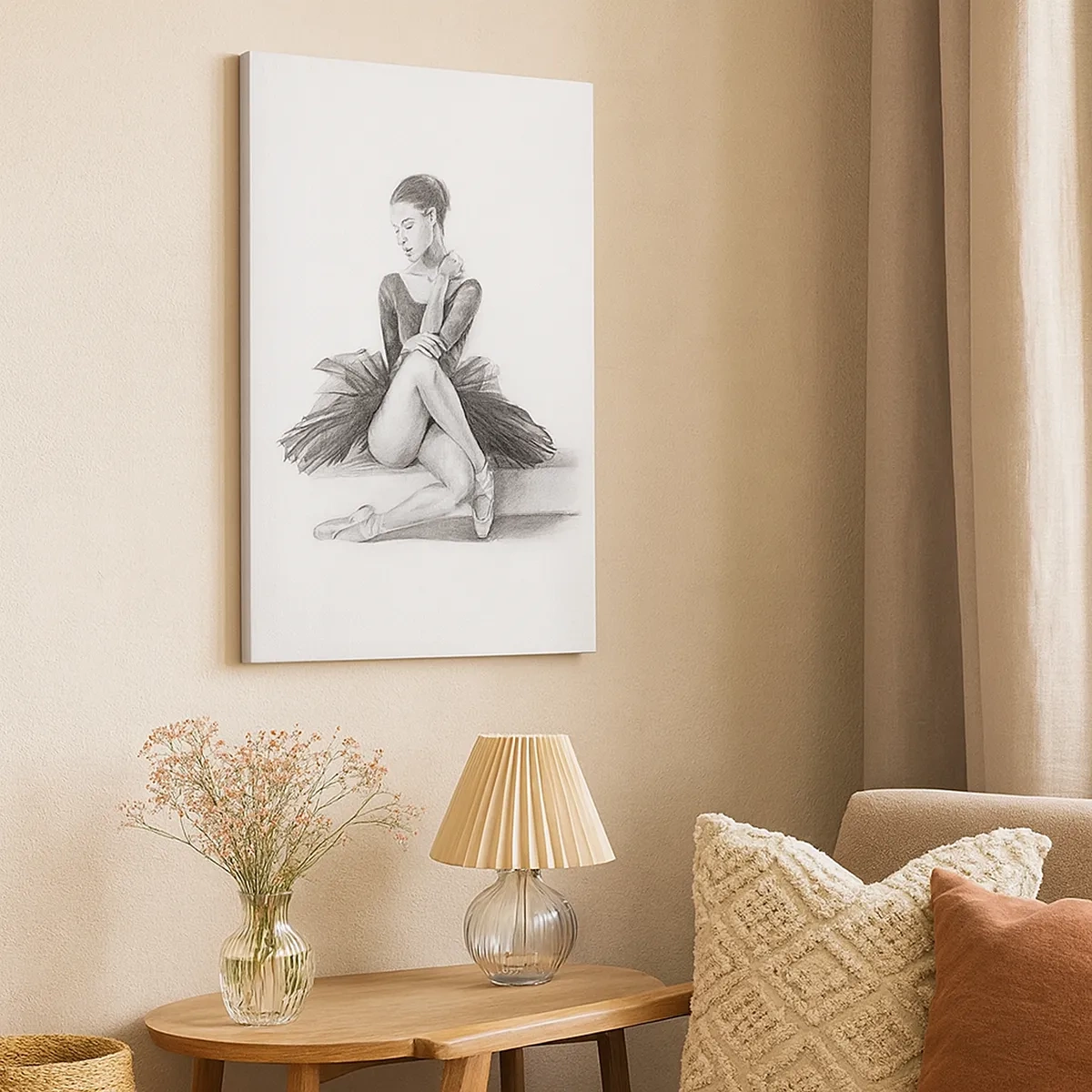 Obraz na płótnie - Czarno-biały szkic baletnicy siedzącej w pozie zadumy - 50x70cm - Zaczarowana tańcem - Nowoczesna dekoracja ścienna do salonu, kuchni i sypialni ARTTOR