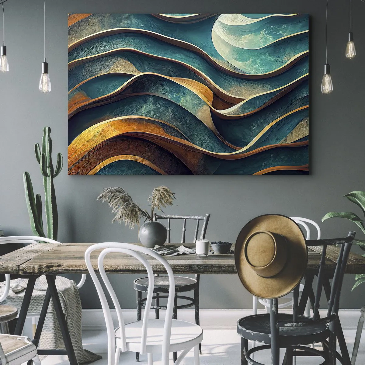 Obraz na płótnie - Abstrakcyjne fale w odcieniach turkusu i złota - 70x50cm - Meandry błękitu - Nowoczesna dekoracja ścienna do salonu i sypialni ARTTOR