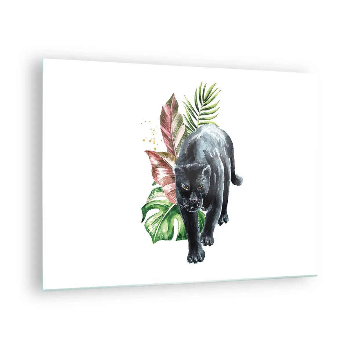 Obraz na szkle - Czarna pantera na tle tropikalnych liści w stylu akwareli - 70x50cm - Dzikość serca - Nowoczesna dekoracja ścienna do salonu i sypialni ARTTOR