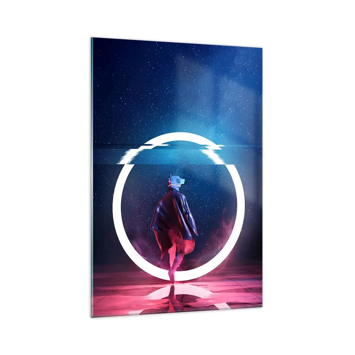 Obraz na szkle - Postać w futurystycznym otoczeniu z neonowym okręgiem - 70x100cm - Między światami - Nowoczesna dekoracja ścienna do salonu i sypialni ARTTOR