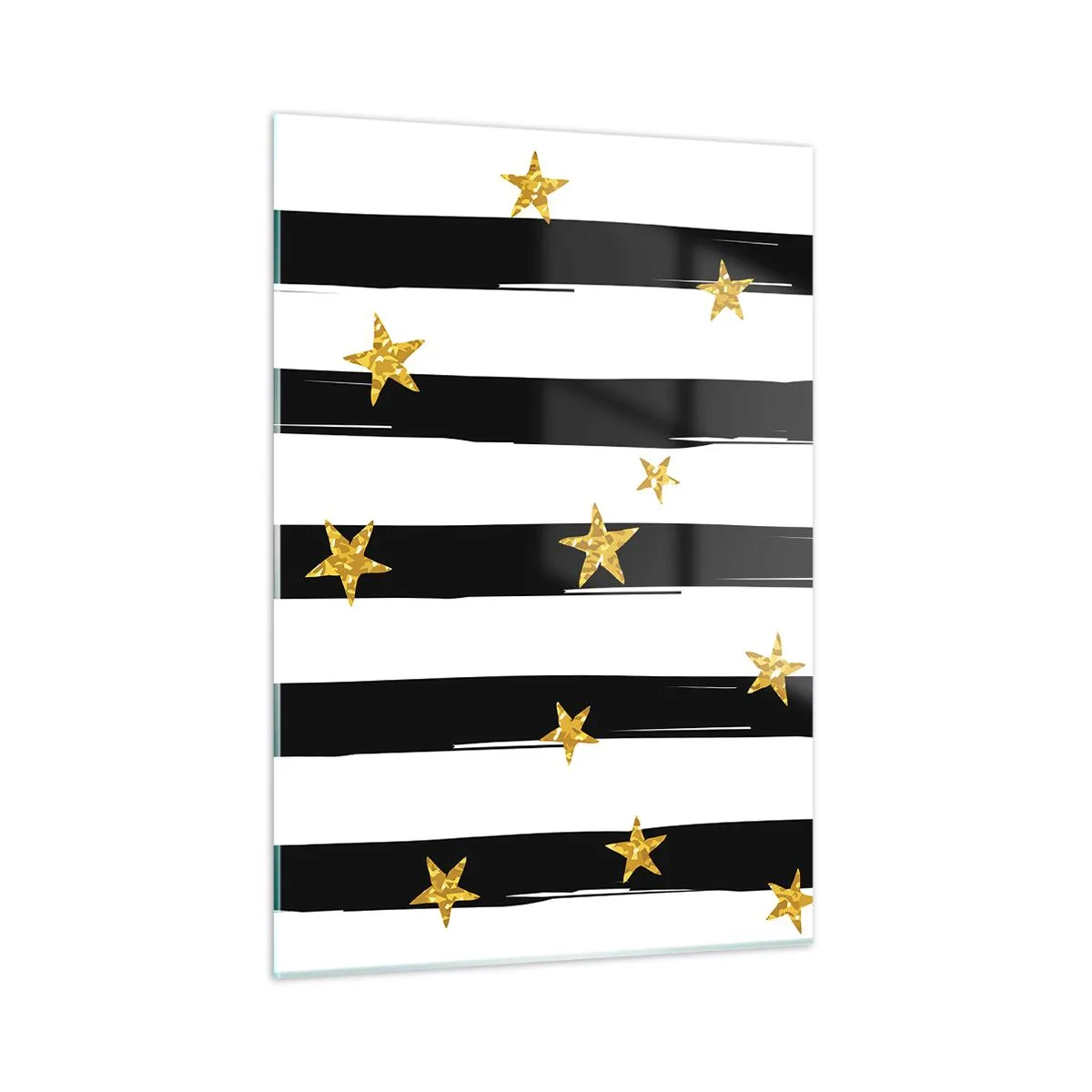 Obraz na szkle - Czarno-białe pasy z złotymi gwiazdkami - 50x70cm - Wszyscy urodziliśmy się pod szczęśliwą gwiazdą - Nowoczesna dekoracja ścienna do salonu, kuchni i sypialni ARTTOR