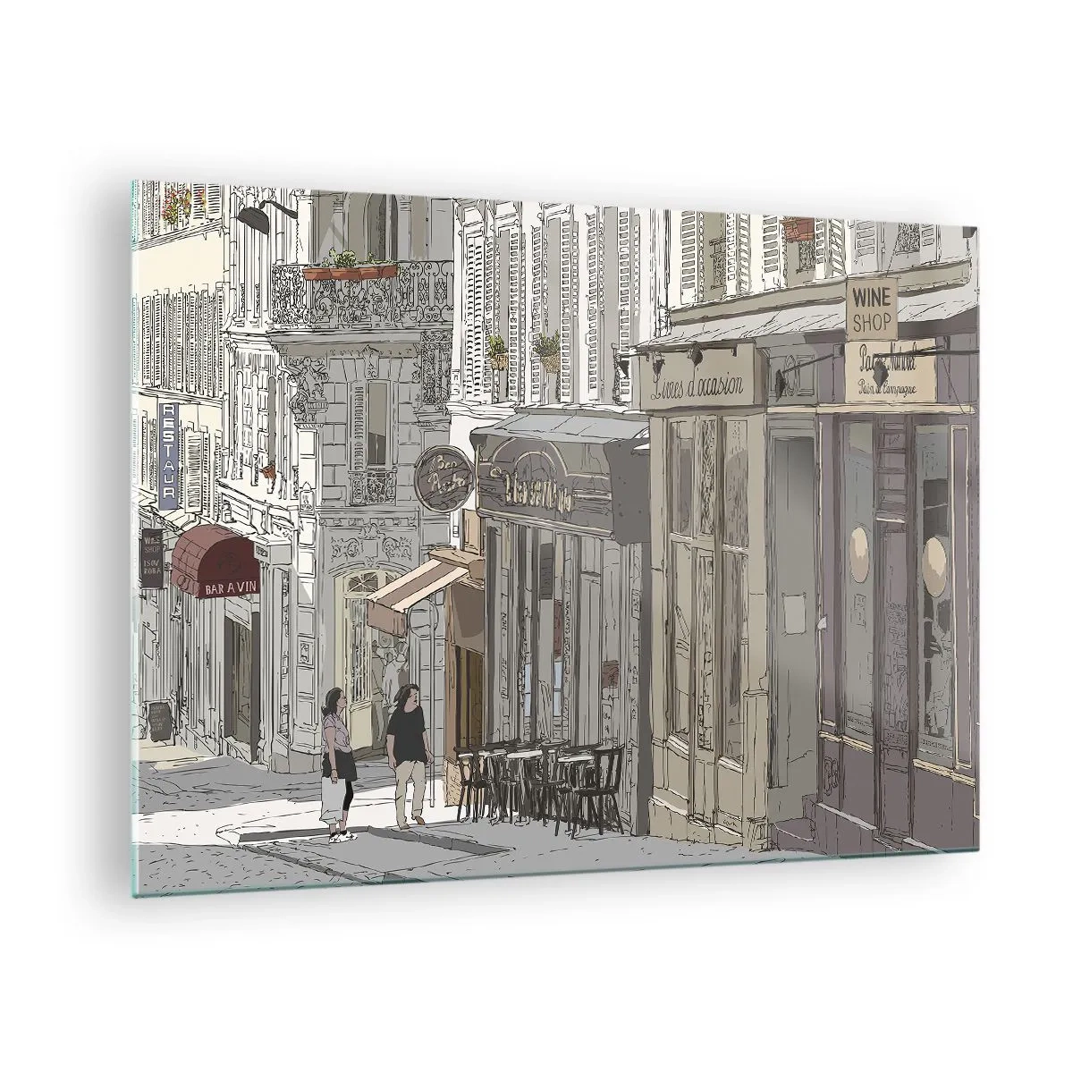 Obraz na szkle - Uliczka z kawiarniami w artystycznym stylu miejskim - 70x50cm - Miejskie radości - Nowoczesna dekoracja ścienna do salonu i sypialni ARTTOR