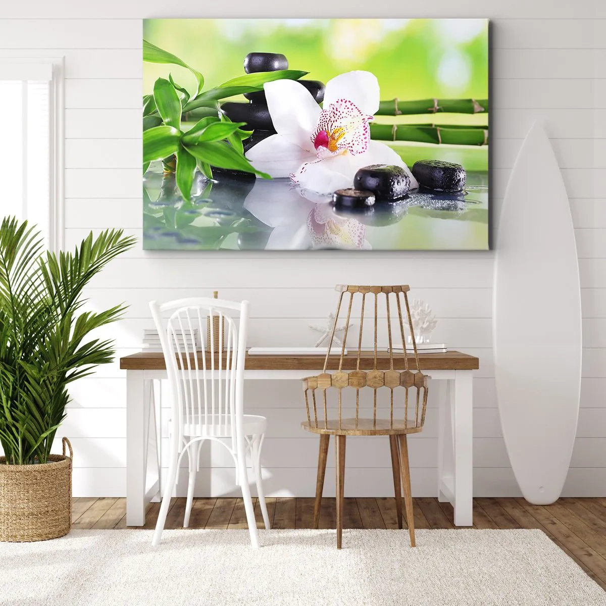 Obraz na płótnie - Orchidea, kamienie i bambus w harmonijnej kompozycji spa - 120x80cm - Chłodna świeżość - Nowoczesna dekoracja ścienna do salonu, kuchni i sypialni ARTTOR