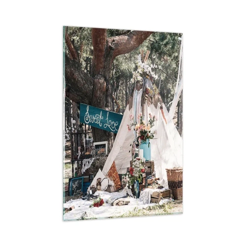 Obraz na szkle - Dekoracja boho z tipi w lesie - 80x120cm - Make love… - Nowoczesna dekoracja ścienna do salonu i sypialni ARTTOR
