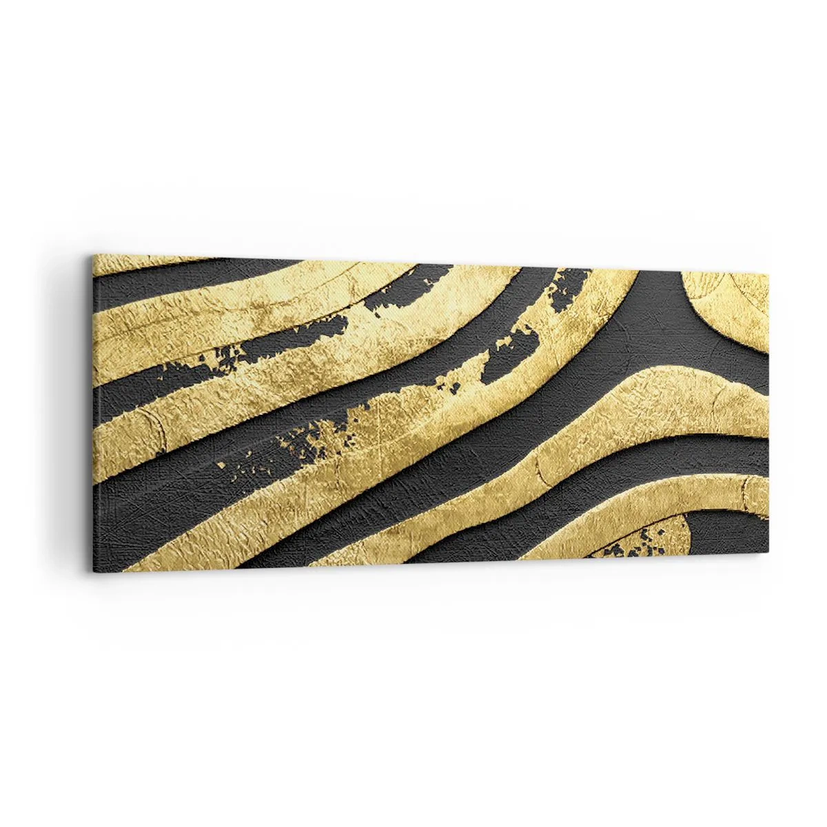 Obraz na płótnie - Złote abstrakcyjne fale na czarnym tle - 120x50cm - Wszystko płynie - Nowoczesna dekoracja ścienna do salonu i sypialni ARTTOR