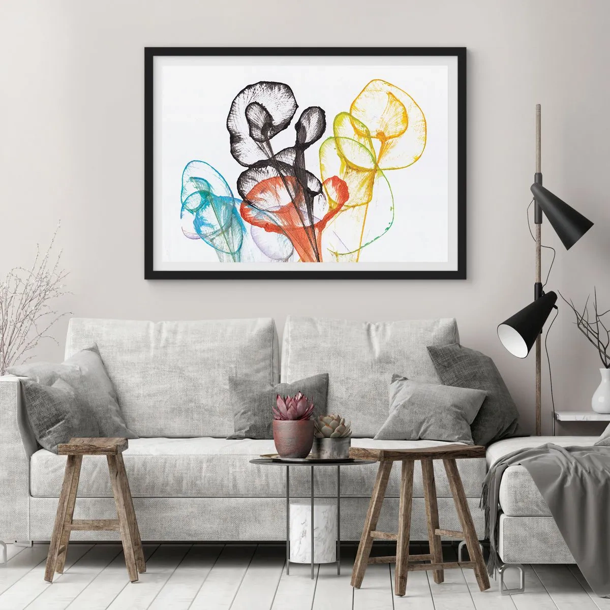 Plakat w czarnej ramie - Kolorowe przezroczyste kwiaty na białym tle - 70x50cm - Kwiaty z duszą - Nowoczesna dekoracja ścienna do salonu i sypialni ARTTOR