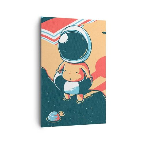Obraz na płótnie - Zabawny astronauta na plaży z kosmicznymi elementami w tle - 80x120cm - Z innej perspektywy - Nowoczesna dekoracja ścienna do salonu i sypialni ARTTOR