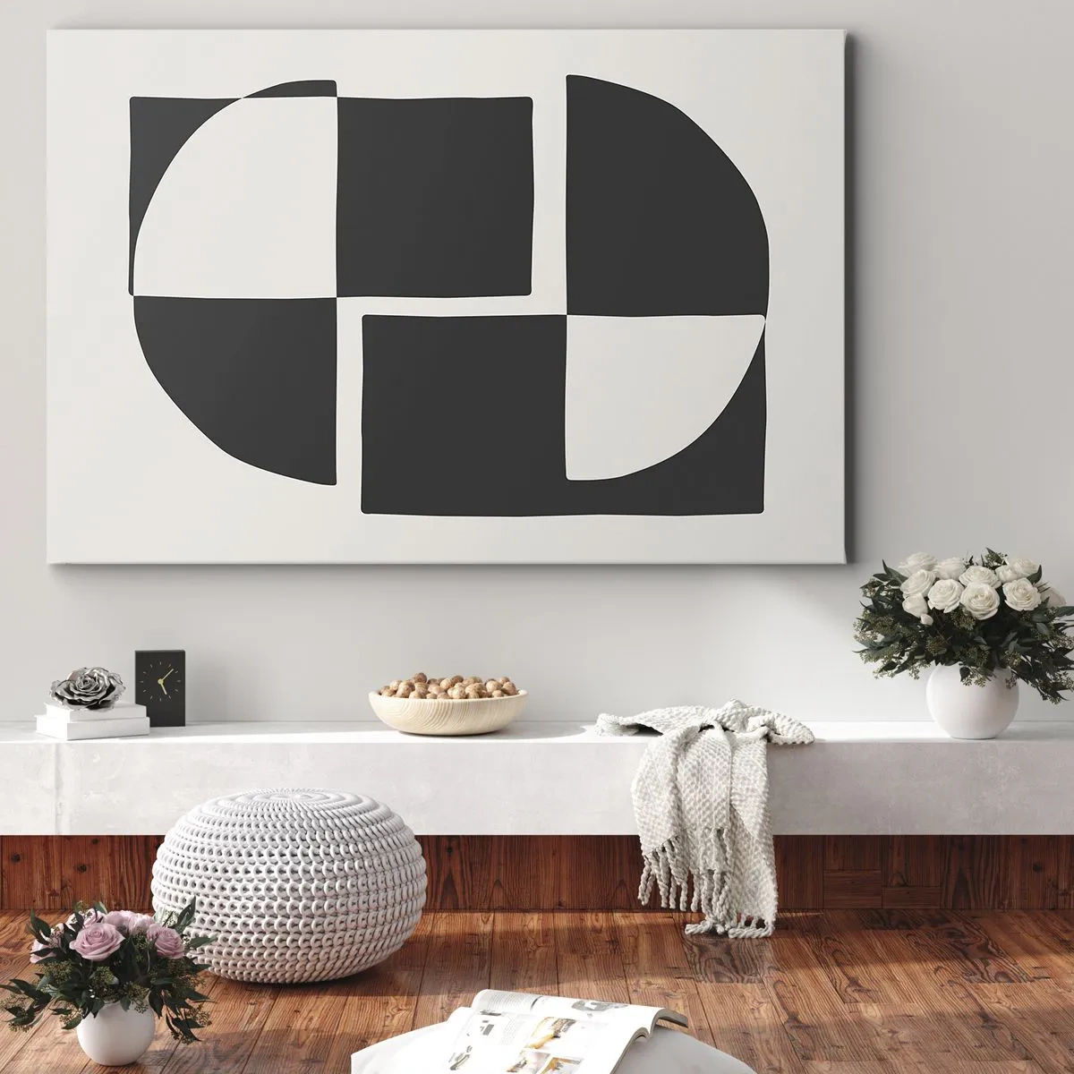 Obraz na płótnie - Abstrakcyjne kształty geometryczne w czerni i bieli - 70x50cm - Antyteza – synteza - Nowoczesna dekoracja ścienna do salonu i sypialni ARTTOR