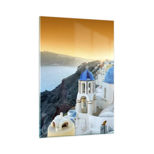 Obraz na szkle - Widok na Santorini z białymi budynkami i błękitnym morzem - 80x120cm - Santorini - przytulone do skał - Nowoczesna dekoracja ścienna do salonu i sypialni ARTTOR