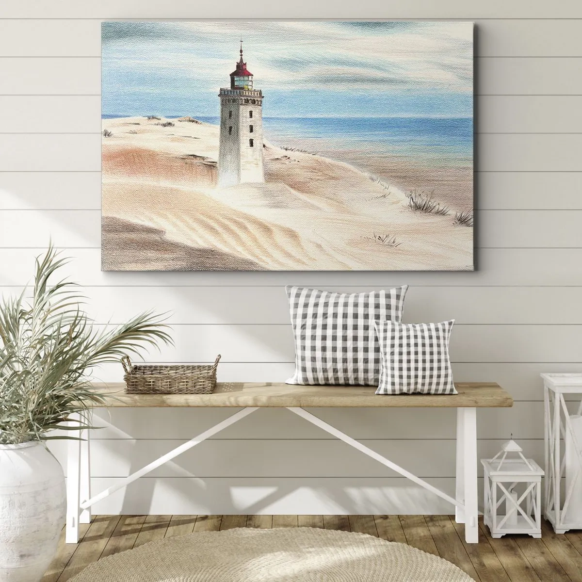 Obraz na płótnie - Latarnia morska w otoczeniu piaszczystych wydm i błękitnego nieba - 70x50cm - Zawsze wpatrzona w morze - Nowoczesna dekoracja ścienna do salonu i sypialni ARTTOR