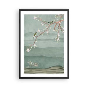 Plakat w czarnej ramie - Ptaki na kwitnącej gałęzi z widokiem na wzgórza - 50x70cm - Wiosna, ach, to ty - Nowoczesna dekoracja ścienna do salonu i sypialni ARTTOR