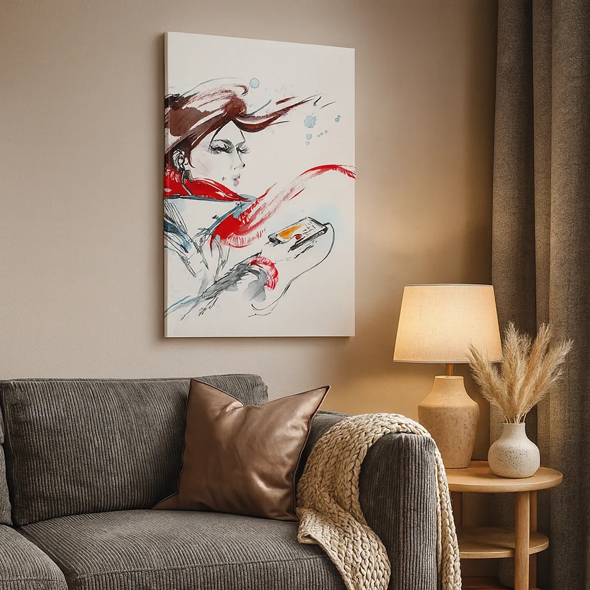 Obraz na płótnie - Kobieta w zimowym płaszczu z czerwonym szalikiem w dynamicznej kompozycji - 50x70cm - Coś we mnie gra - Nowoczesna dekoracja ścienna do salonu, kuchni i sypialni ARTTOR