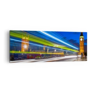 Obraz na płótnie - Big Ben nocą z efektem świateł w ruchu na ulicy - 140x50cm - Pod okiem Big Bena - Nowoczesna dekoracja ścienna do salonu i sypialni ARTTOR