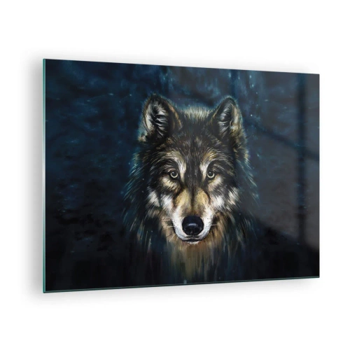 Obraz na szkle - Wilk na tle ciemnego, leśnego tła w realistycznym stylu - 70x50cm - Alfa? I omega - Nowoczesna dekoracja ścienna do salonu i sypialni ARTTOR
