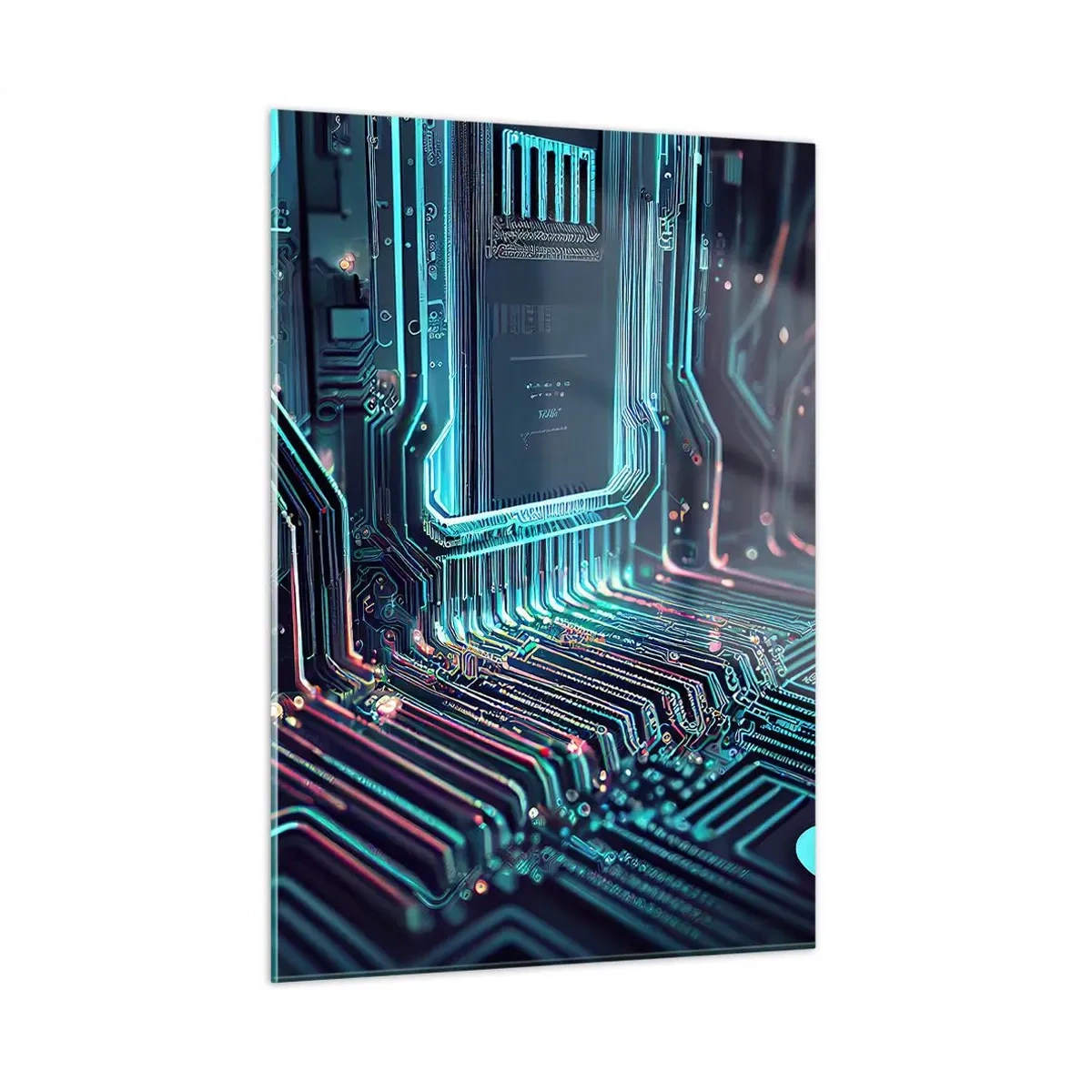 Obraz na szkle - Neonowa wizualizacja ścieżek procesora na czarnym tle - 50x70cm - Tak sobie myślę… - Nowoczesna dekoracja ścienna do salonu, kuchni i sypialni ARTTOR