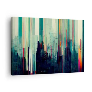 Obraz na płótnie - Abstrakcja z pionowymi liniami i miejską panoramą - 70x50cm - Futurystyczne miasto - Nowoczesna dekoracja ścienna do salonu i sypialni ARTTOR