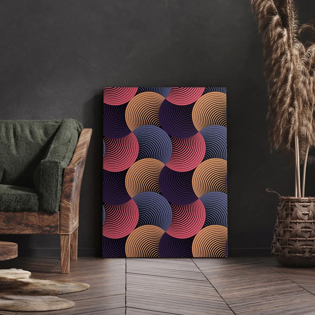 Obraz na płótnie - Geometryczne kręgi w odcieniach różu, fioletu i złota - 80x120cm - W kolistym rytmie - Nowoczesna dekoracja ścienna do salonu i sypialni ARTTOR