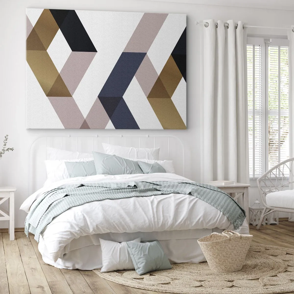 Obraz na płótnie - Geometryczne wzory w odcieniach złota i granatu - 120x80cm - Płaszczyzny i kąty - Nowoczesna dekoracja ścienna do salonu, kuchni i sypialni ARTTOR