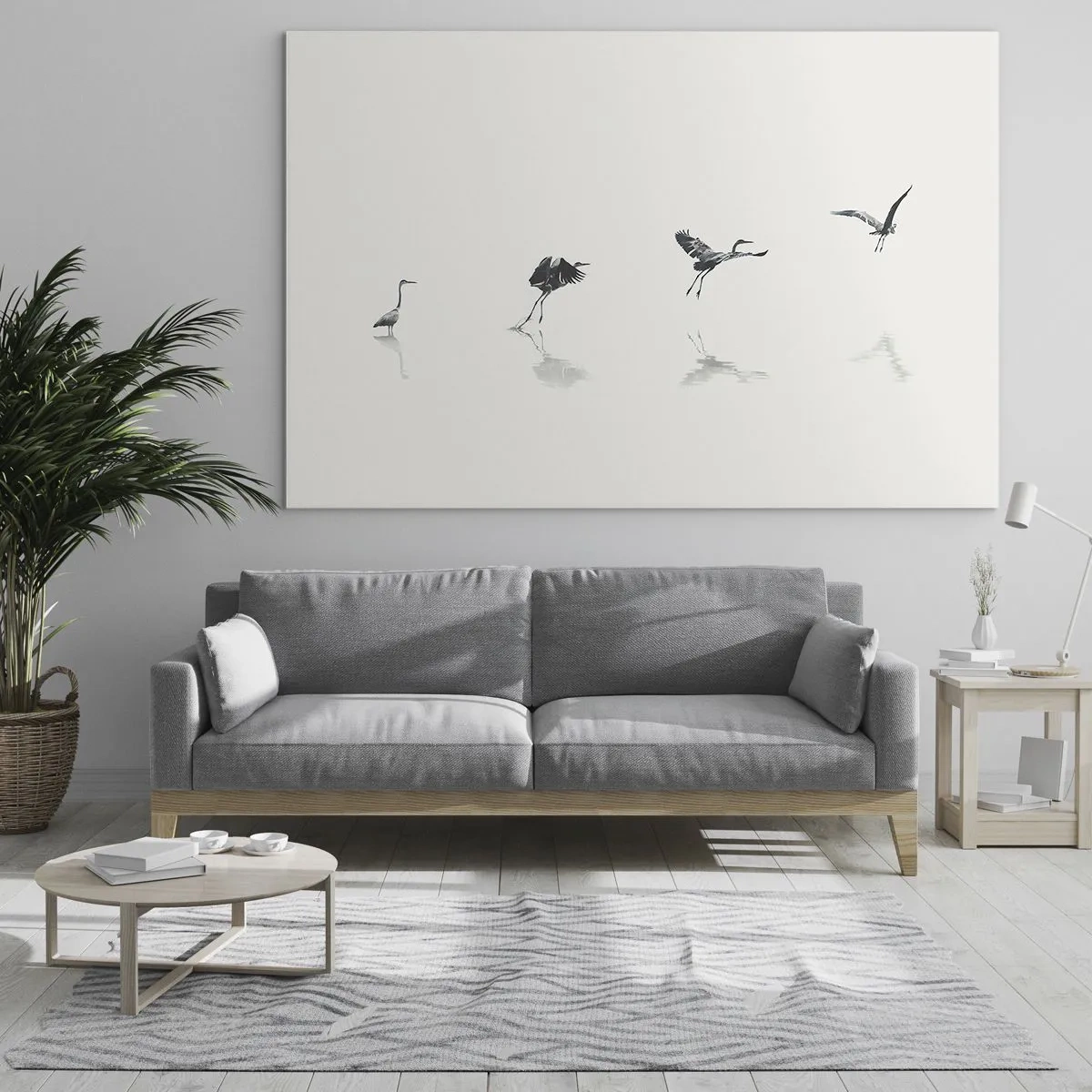 Obraz na szkle - Sylwetki czterech ptaków w ruchu nad wodą - 70x50cm - Cztery proste kroki - Nowoczesna dekoracja ścienna do salonu i sypialni ARTTOR