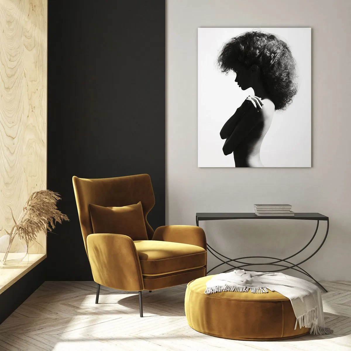 Obraz na szkle - Subtelna sylwetka kobiety w czarno-białych odcieniach na jasnym tle - 80x120cm - Jak kwiat na smukłej łodydze - Nowoczesna dekoracja ścienna do salonu i sypialni ARTTOR