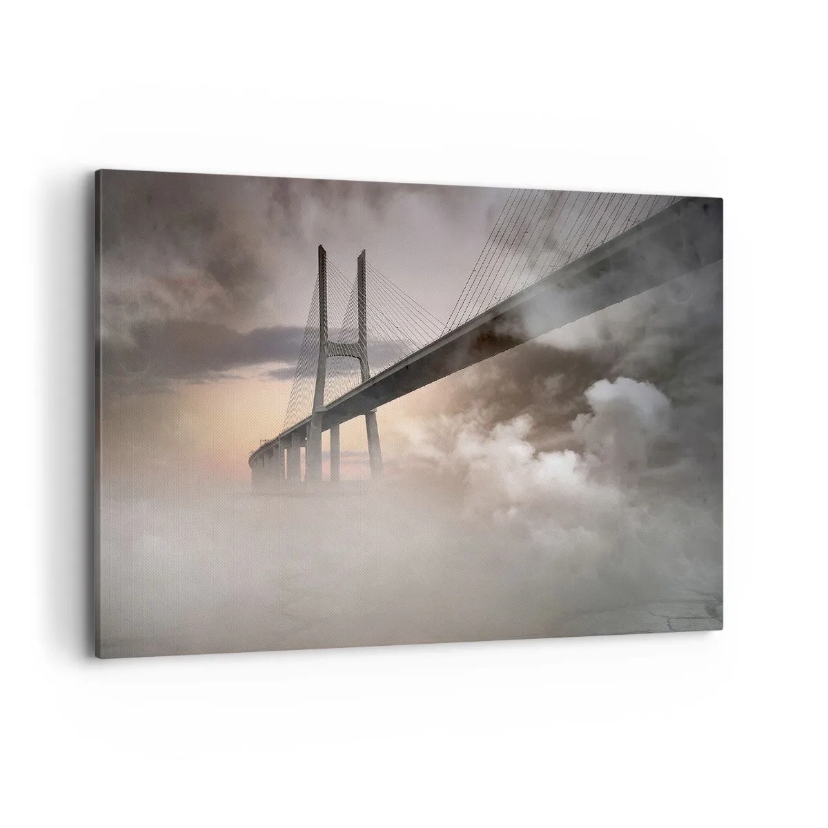 Obraz na płótnie - Most nad rzeką w otoczeniu mgły o poranku - 120x80cm - Nad rzeką, której nie ma - Nowoczesna dekoracja ścienna do salonu, kuchni i sypialni ARTTOR