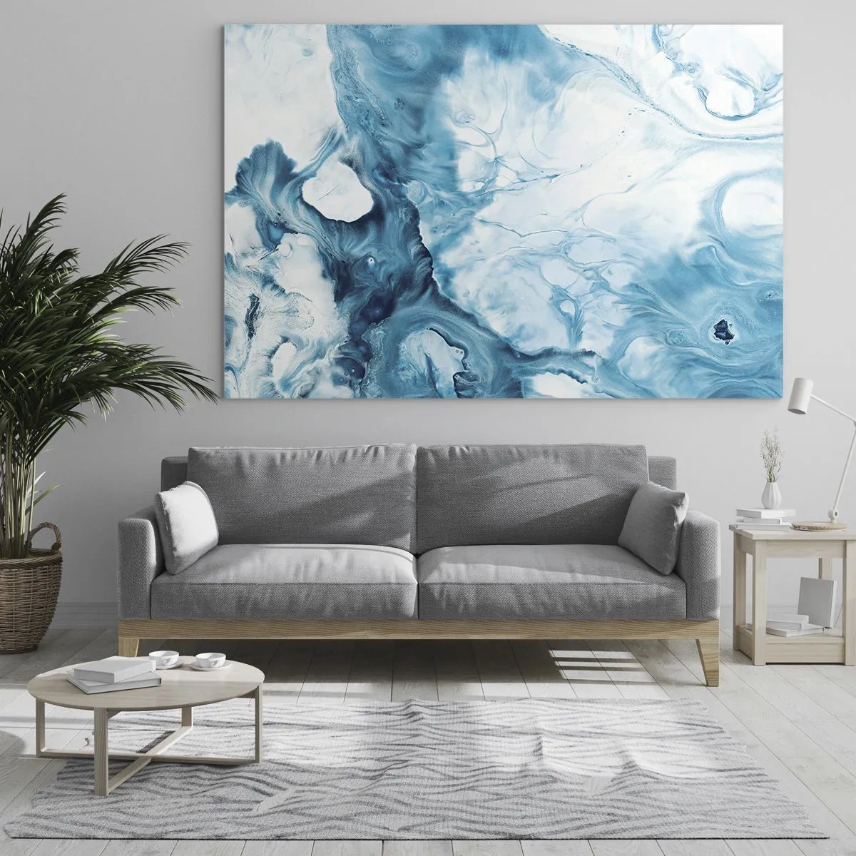 Obraz na szkle - Abstrakcyjna kompozycja w odcieniach błękitu i bieli - 70x50cm - Koncert błękitu - Nowoczesna dekoracja ścienna do salonu i sypialni ARTTOR