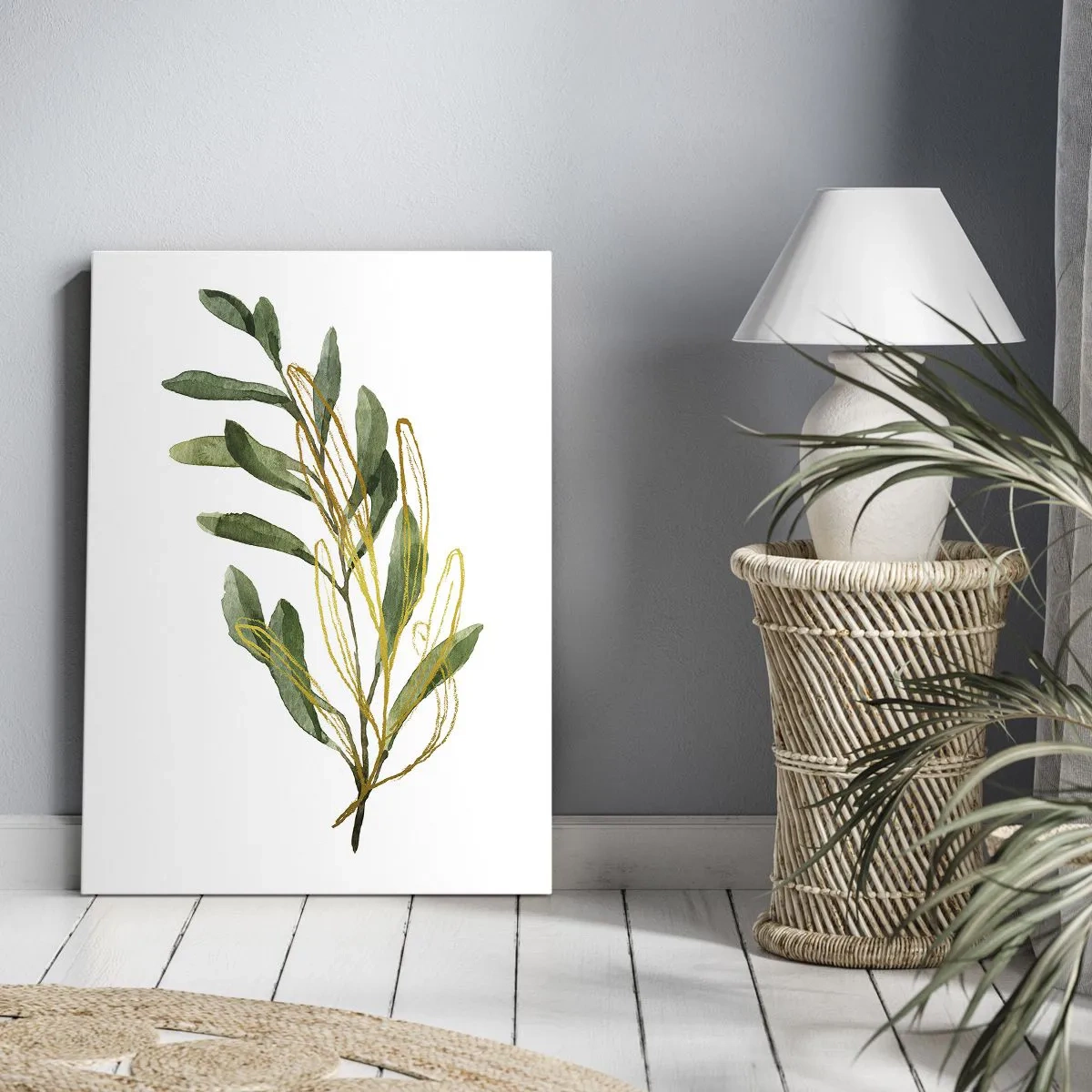 Obraz na płótnie - Botaniczna ilustracja zielonych liści z złotymi detalami - 50x70cm - Wszystko co dobre - Nowoczesna dekoracja ścienna do salonu, kuchni i sypialni ARTTOR