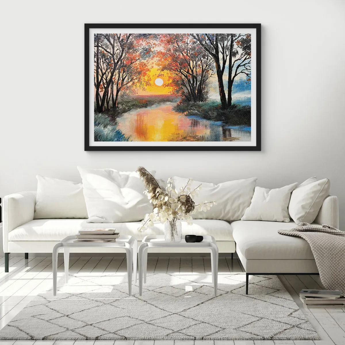 Plakat w czarnej ramie - Zachód słońca nad rzeką w jesiennym krajobrazie - 70x50cm - Jesienne klimaty - Nowoczesna dekoracja ścienna do salonu i sypialni ARTTOR