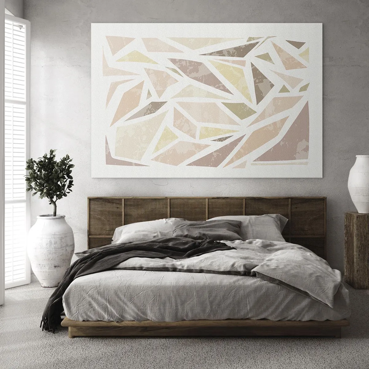 Obraz na szkle - Geometryczna mozaika w pastelowych kolorach na jasnym tle - 70x50cm - Kompozycja witrażowa - Nowoczesna dekoracja ścienna do salonu i sypialni ARTTOR