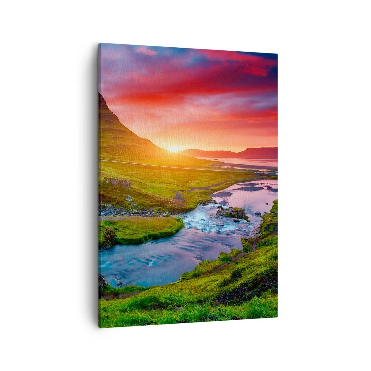 Obraz na płótnie - Malowniczy krajobraz rzeki o zachodzie słońca - 50x70cm - Islandia - ogień i woda - Nowoczesna dekoracja ścienna do salonu, kuchni i sypialni ARTTOR