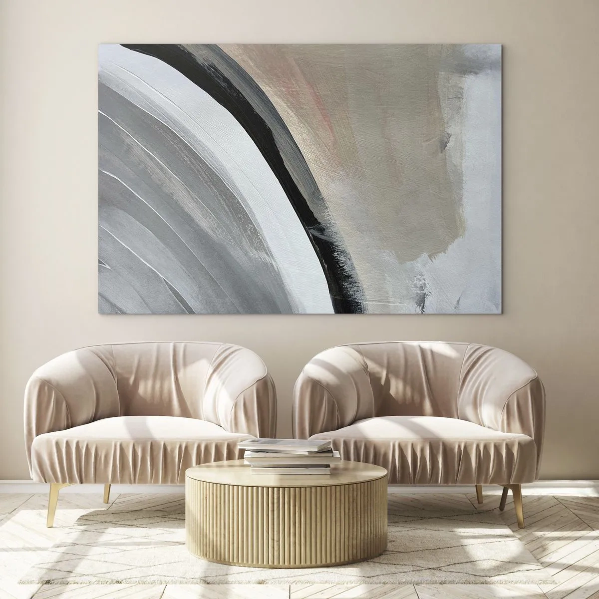Obraz na szkle - Abstrakcyjny łuk w odcieniach szarości i czerni - 70x50cm - Kompozycja: łuk czerni i szarości - Nowoczesna dekoracja ścienna do salonu i sypialni ARTTOR
