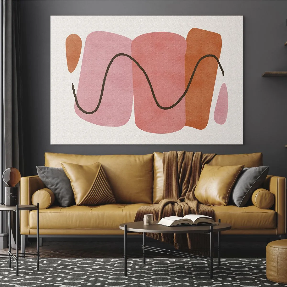 Obraz na szkle - Abstrakcyjne kształty w różu i pomarańczu z czarną linią - 70x50cm - łagodny ruch form - Nowoczesna dekoracja ścienna do salonu i sypialni ARTTOR