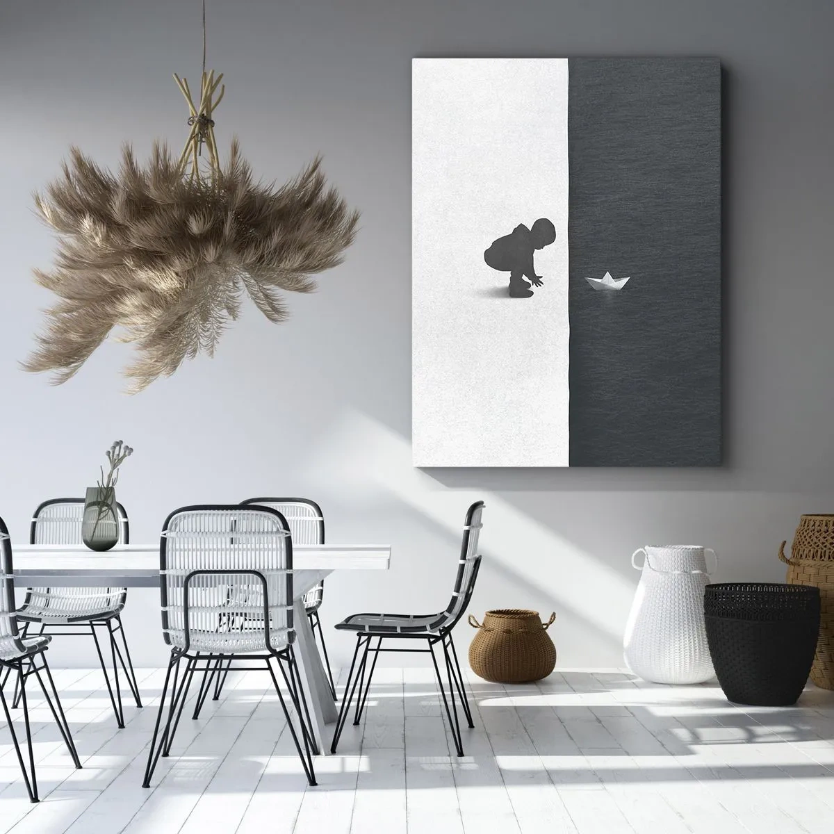 Obraz na płótnie - Minimalistyczny obraz przedstawiający dziecko puszczające papierową łódkę - 50x70cm - Wielka wyprawa - Nowoczesna dekoracja ścienna do salonu, kuchni i sypialni ARTTOR