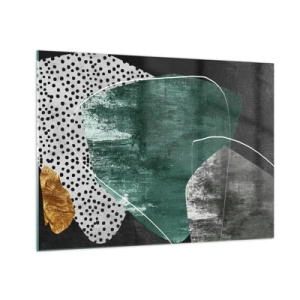Obraz na szkle - Zielone formy z czarnym tłem i złotym akcentem - 70x50cm - Barwna abstrakcja z płatkiem złota - Nowoczesna dekoracja ścienna do salonu i sypialni ARTTOR
