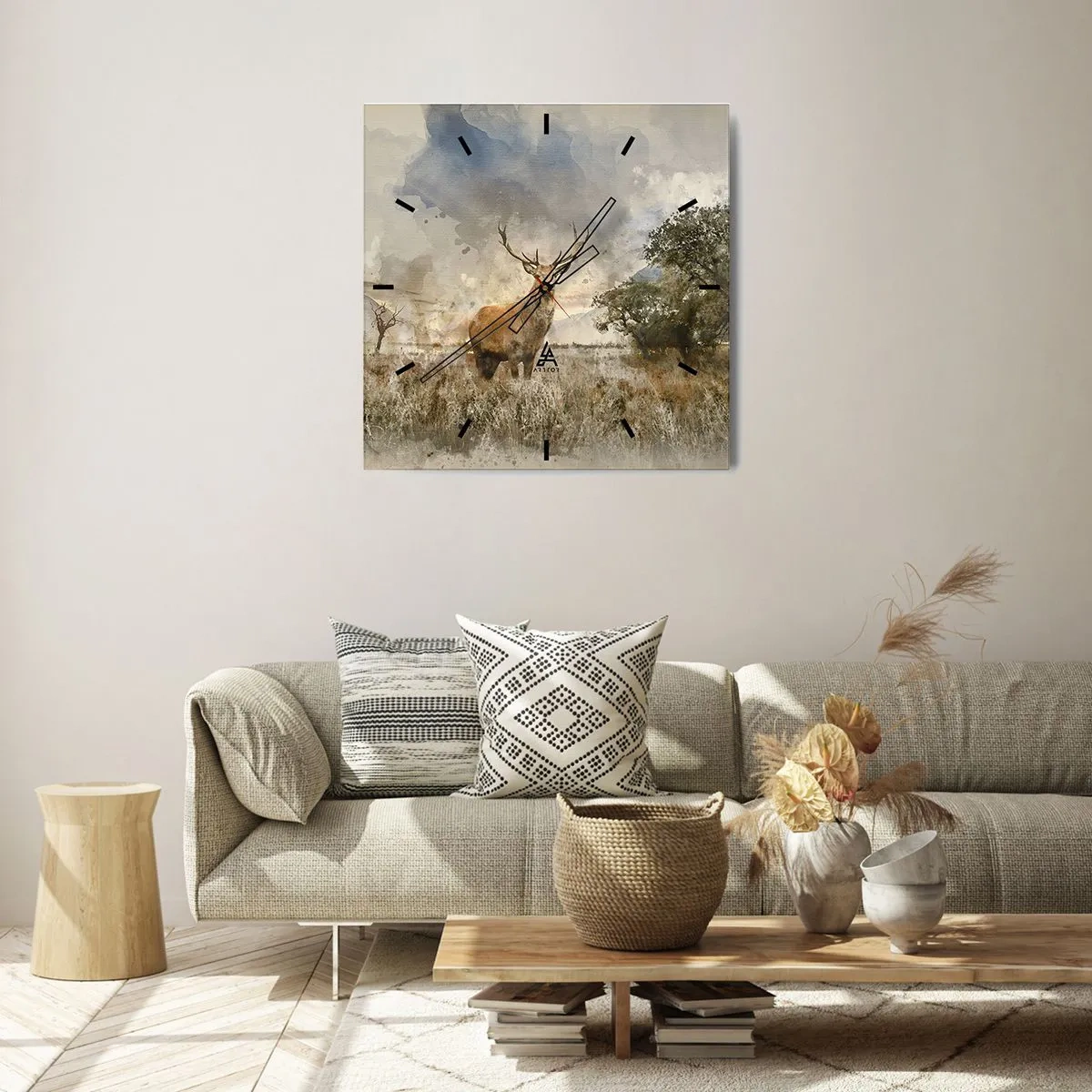 Zegar ścienny - Jeleń w naturalnym otoczeniu w akwarelowym stylu - 30x30cm - Godność - siła - dostojeństwo - Nowoczesna dekoracja ścienna do salonu i sypialni ARTTOR