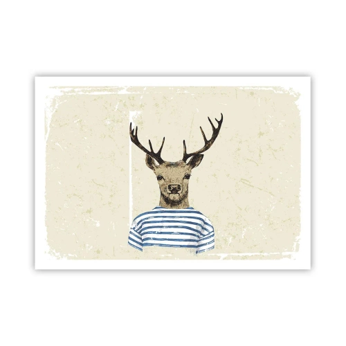 Plakat - Jeleń w koszulce w paski na jasnym tle z delikatną teksturą - 100x70cm - Bo lubię koszulki w paski! - Nowoczesna dekoracja ścienna do salonu i sypialni ARTTOR