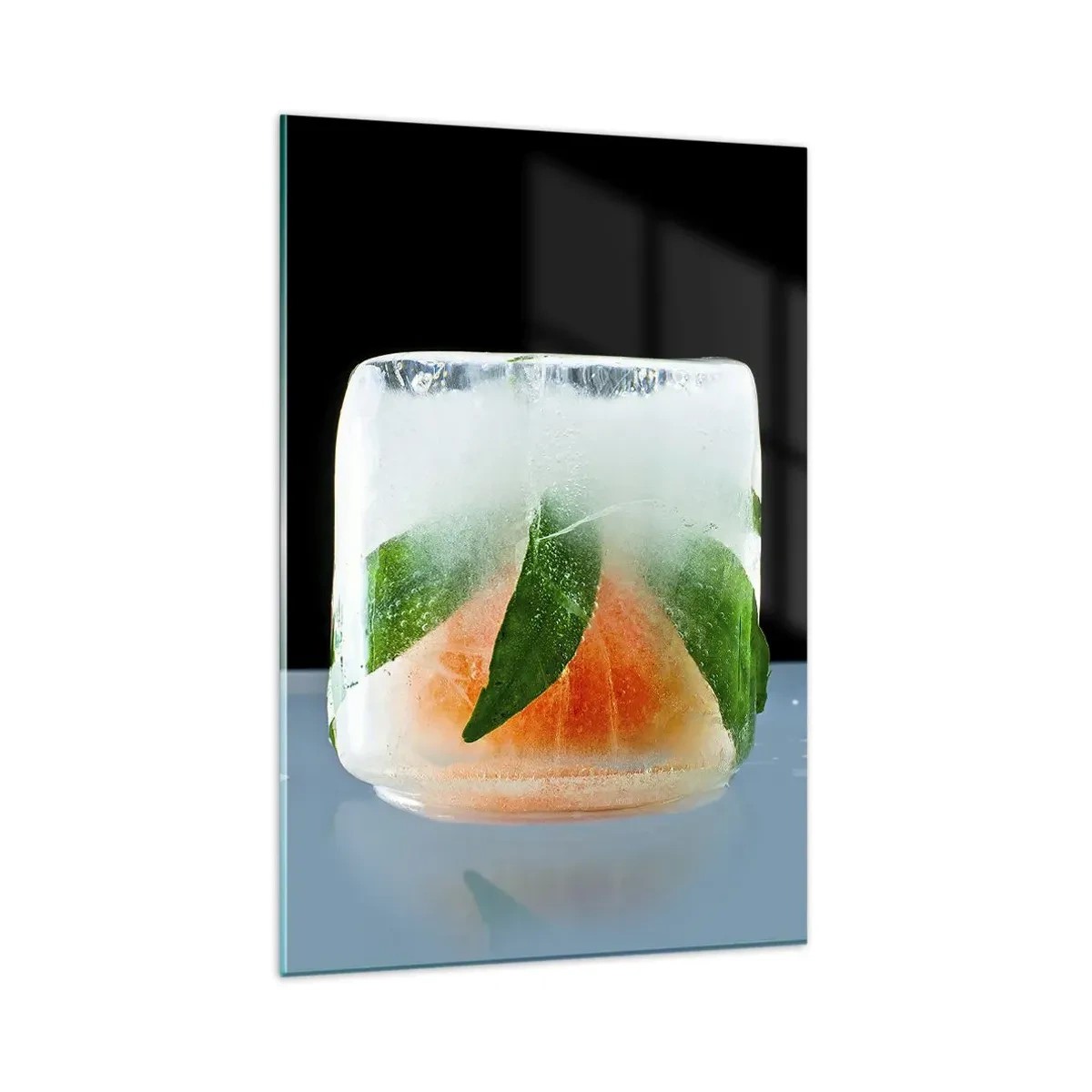Obraz na szkle - Kostka lodu z pomarańczą i liśćmi - 80x120cm - Świeżość i ochłoda - Nowoczesna dekoracja ścienna do salonu i sypialni ARTTOR