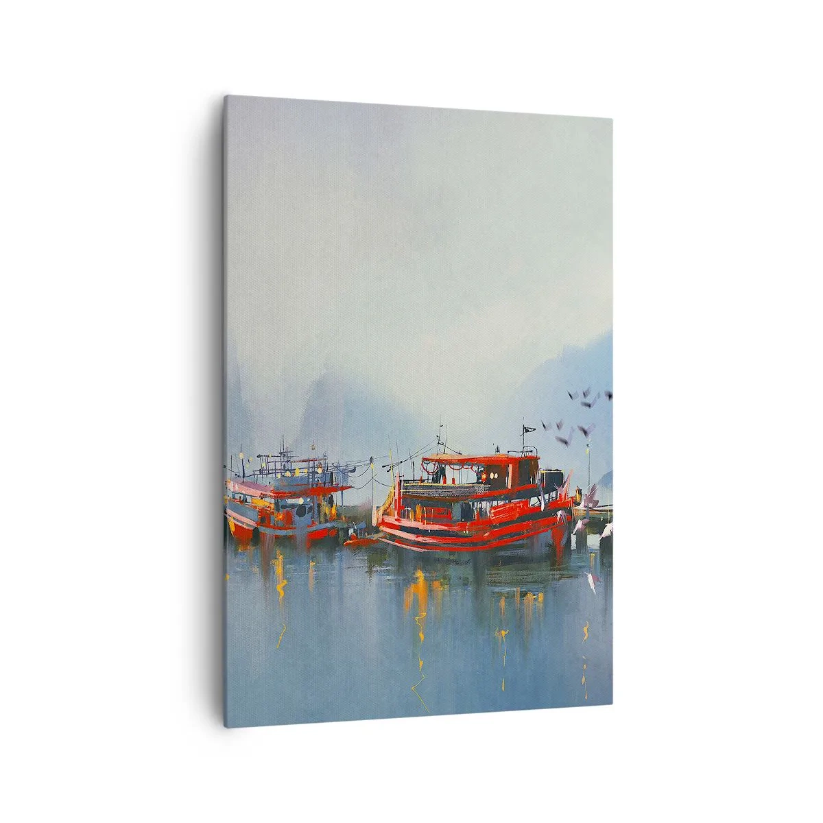 Obraz na płótnie - Port z czerwonymi łodziami otoczony mglistym pejzażem - 70x100cm - Na końcu świata - Nowoczesna dekoracja ścienna do salonu i sypialni ARTTOR