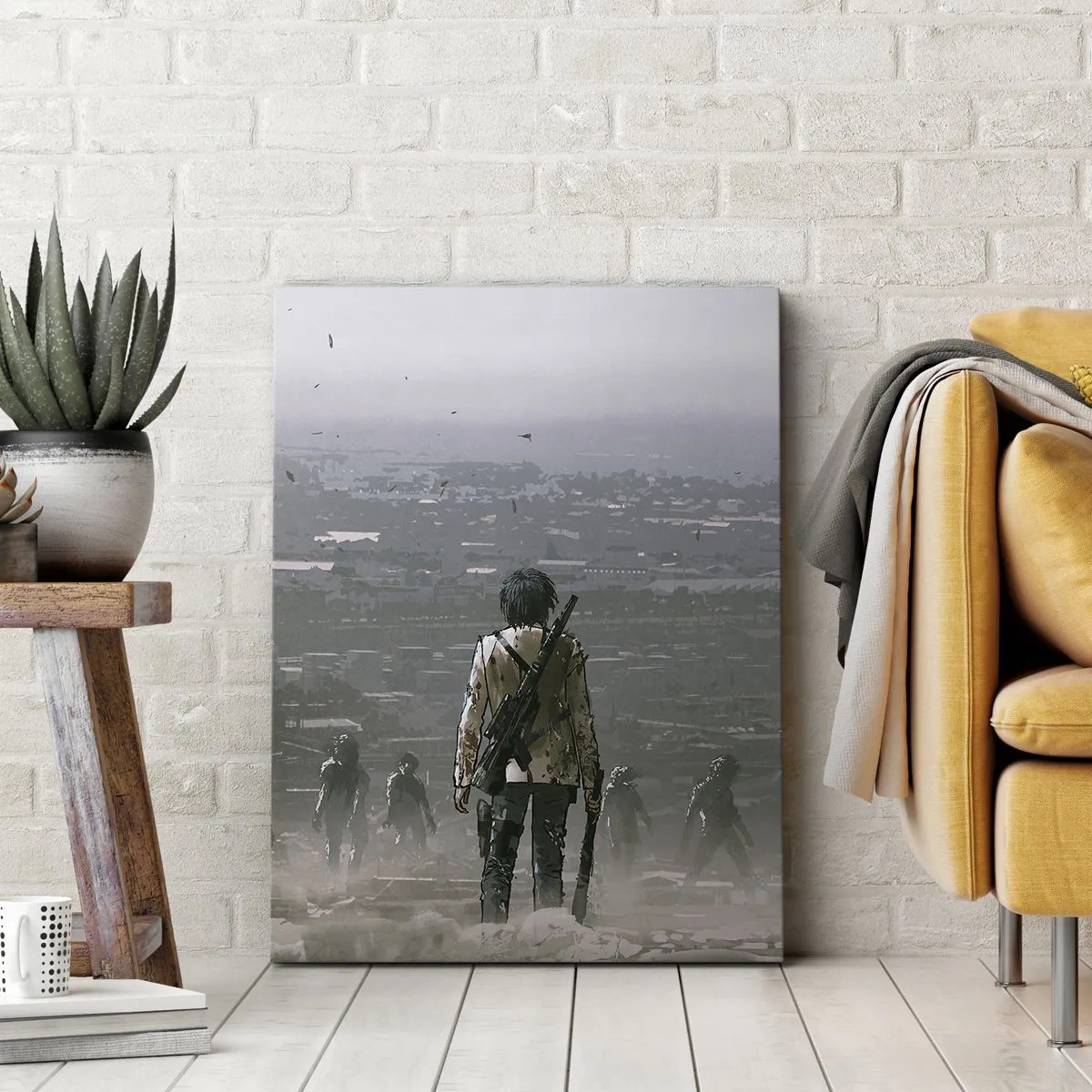 Obraz na płótnie - Samotna postać z bronią na tle postapokaliptycznego miasta i cieni zagrożenia - 50x70cm - Ostatni sprawiedliwy? - Nowoczesna dekoracja ścienna do salonu, kuchni i sypialni ARTTOR