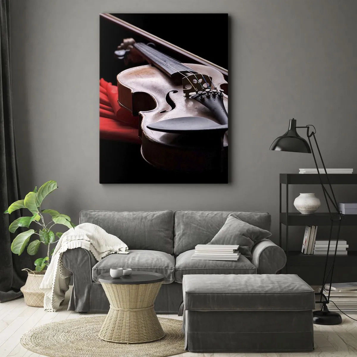 Obraz na płótnie - Skrzypce na tle czerwonej tkaniny - 50x70cm - Muzyka uczuć - Nowoczesna dekoracja ścienna do salonu, kuchni i sypialni ARTTOR