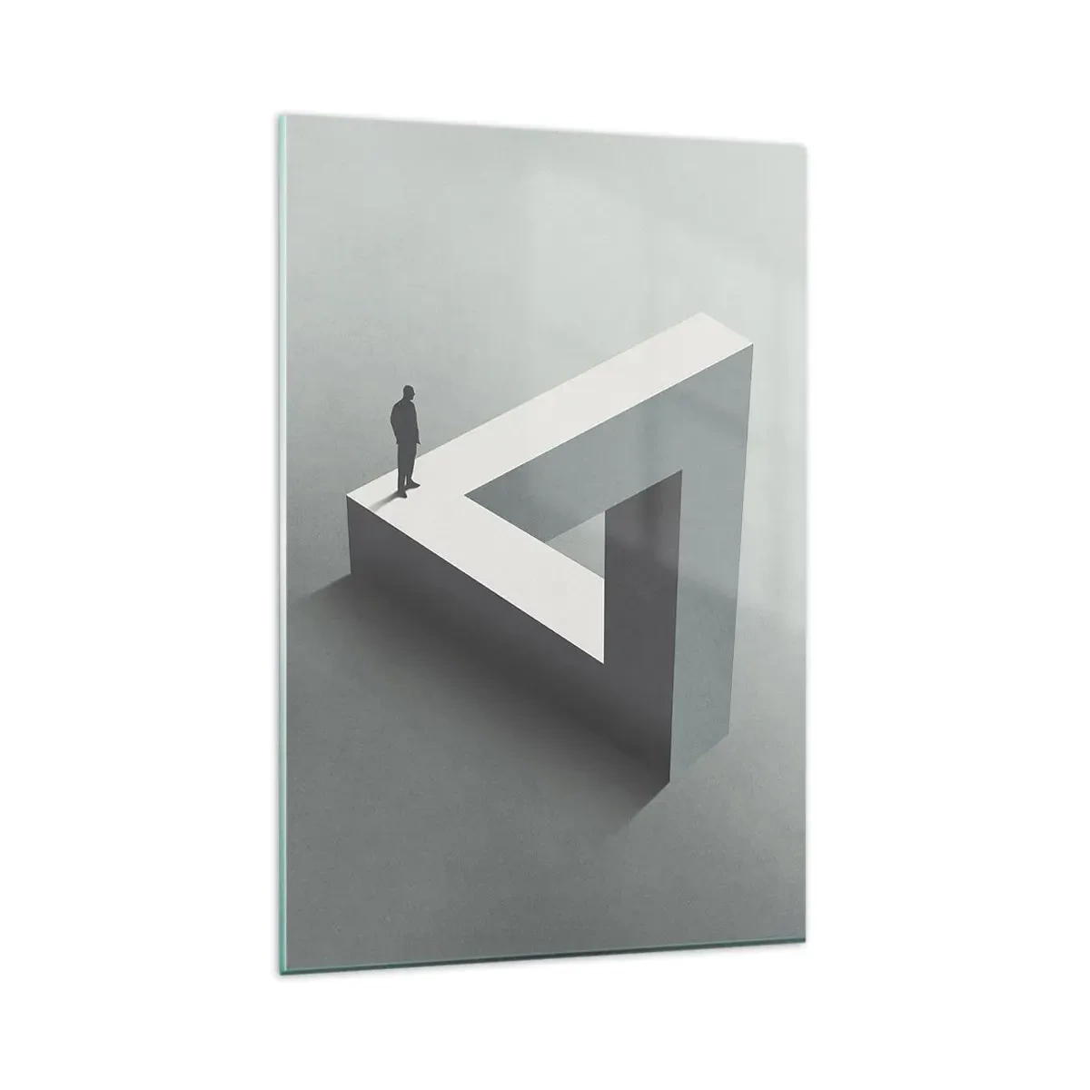 Obraz na szkle - Postać stojąca na trójkącie Penrose’a w szarościach - 80x120cm - A jednak możliwe - Nowoczesna dekoracja ścienna do salonu i sypialni ARTTOR
