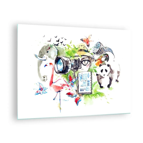 Obraz na szkle - Ilustracja przedstawiająca fotografa z aparatem i zwierzętami - 70x50cm - W obiektywie podróżnika - Nowoczesna dekoracja ścienna do salonu i sypialni ARTTOR