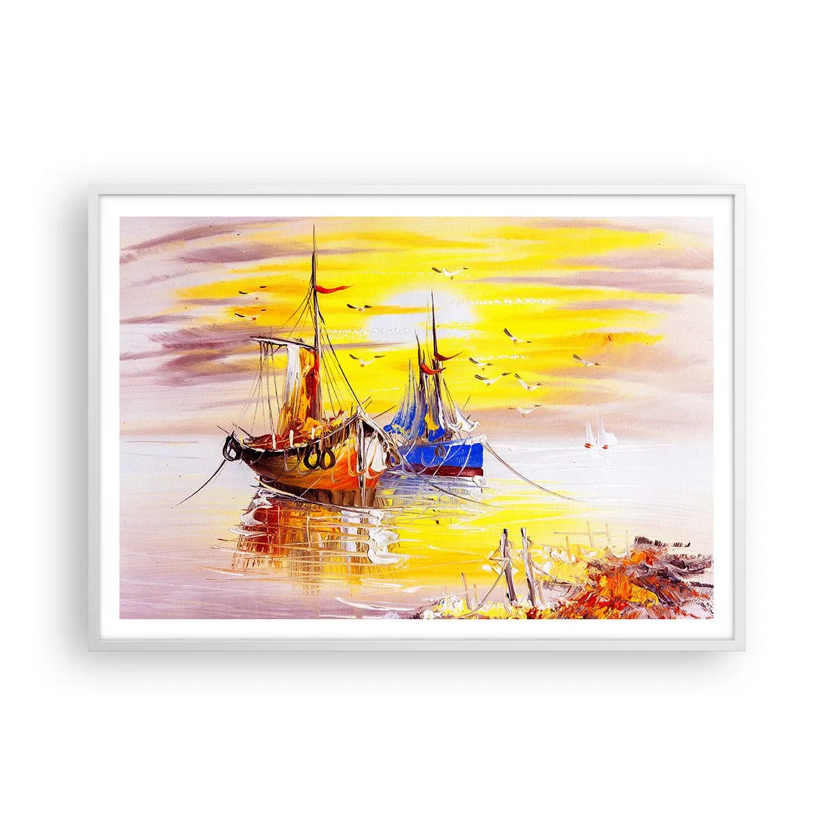 Plakat w białej ramie - Zasłużony odpoczynek w porcie - 100x70 cm