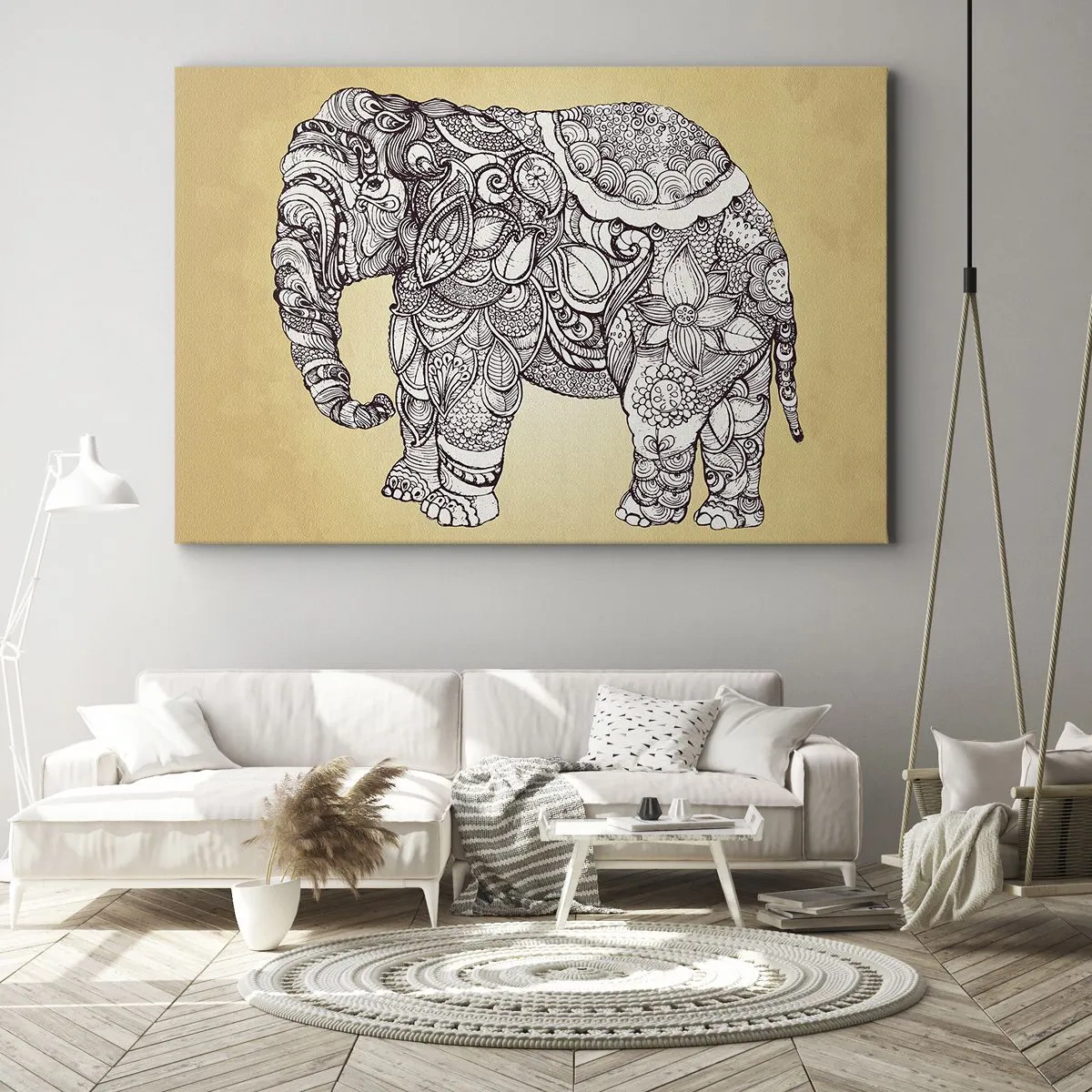 Obraz na płótnie - Ręcznie rysowany słoń z ozdobnym wzorem na beżowym tle - 70x50cm - Słoń się zasłonił - Nowoczesna dekoracja ścienna do salonu i sypialni ARTTOR