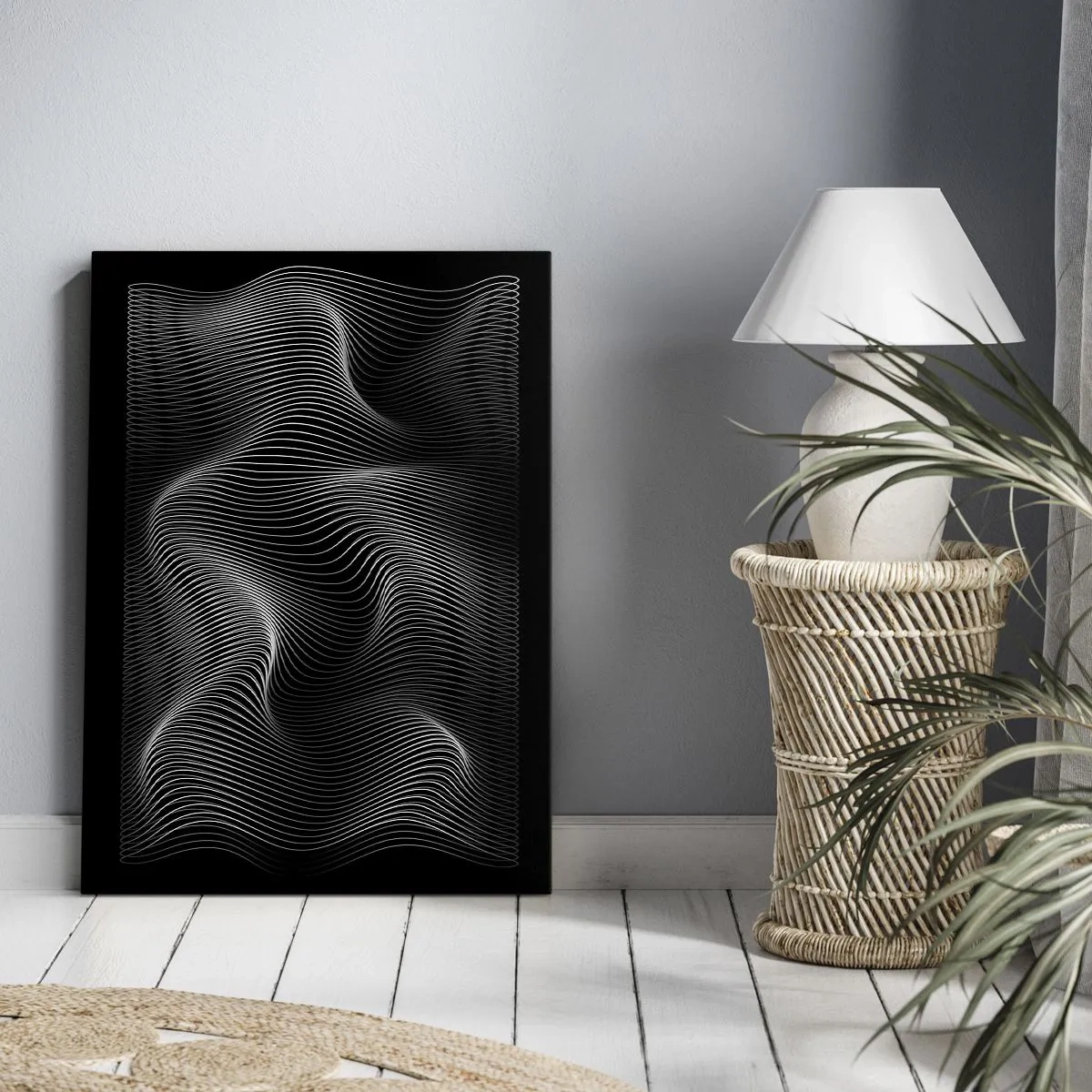 Obraz na płótnie - Abstrakcyjne białe linie na czarnym tle - 70x100cm - Taniec światła w przestrzeni - Nowoczesna dekoracja ścienna do salonu i sypialni ARTTOR