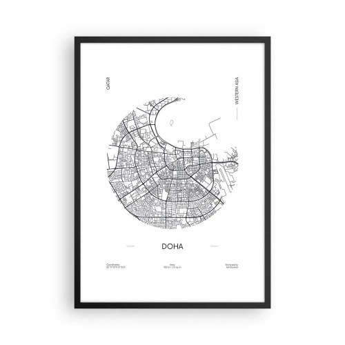 Plakat w czarnej ramie - Minimalistyczna mapa Dohy w czarno-białym stylu - 50x70cm - Anatomia Dohy - Nowoczesna dekoracja ścienna do salonu i sypialni ARTTOR