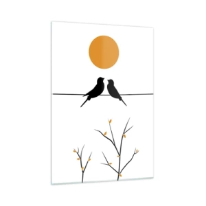 Obraz na szkle - Ptaki na linii pod pomarańczowym słońcem - 50x70cm - Słowiczy wieczór - Nowoczesna dekoracja ścienna do salonu, kuchni i sypialni ARTTOR