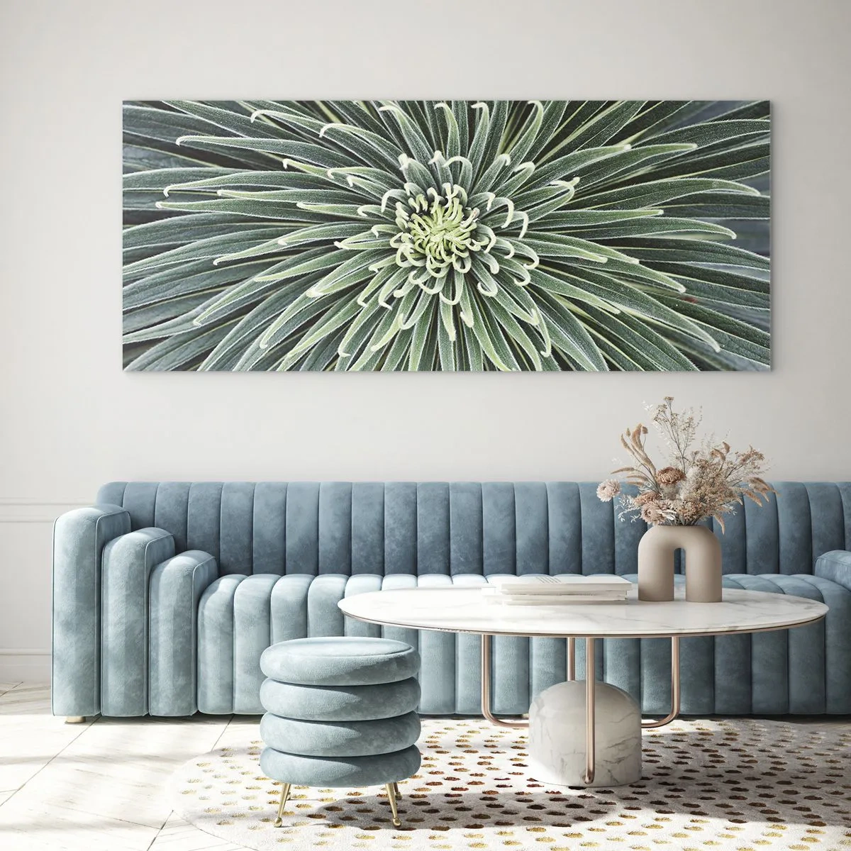 Obraz na szkle - Symetryczny układ zielonych liści przypominający gwiazdę - 140x50cm - Narodziny gwiazdy - Nowoczesna dekoracja ścienna do salonu i sypialni ARTTOR