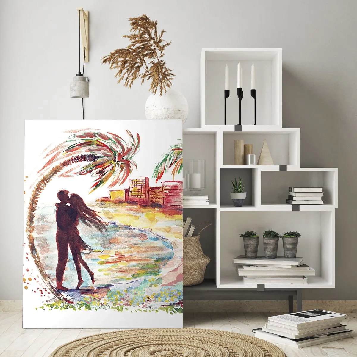 Obraz na szkle - Romantyczna para w tropikalnej scenerii z palmami - 50x70cm - Romantyczne wakacje - Nowoczesna dekoracja ścienna do salonu, kuchni i sypialni ARTTOR
