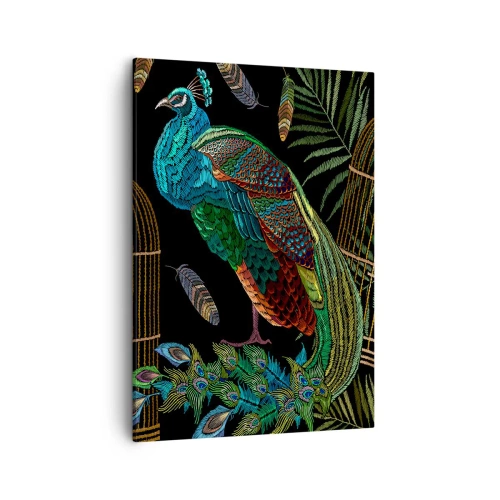 Obraz na płótnie - Kolorowy paw na czarnym tle otoczony piórami i roślinnością - 50x70cm - W królewskich szatach - Nowoczesna dekoracja ścienna do salonu, kuchni i sypialni ARTTOR